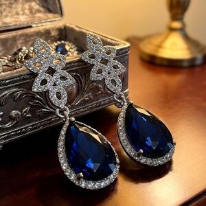 Sapphire Blue CZ Teardrop Earrings – Halo Crystal Accents